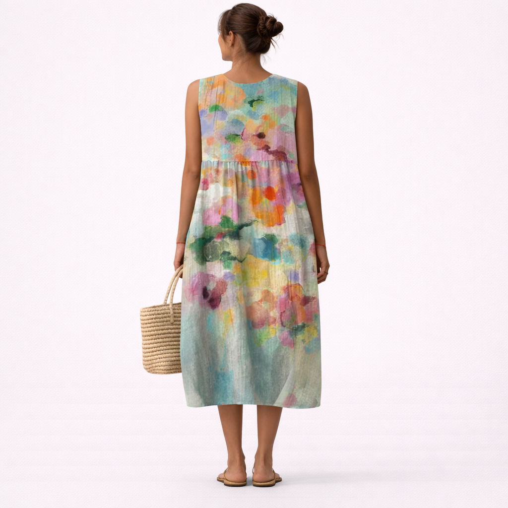 Donna indossa abito midi smanicato con stampa acquerello vivace e unica. Vestito fluido e confortevole per l'estate.