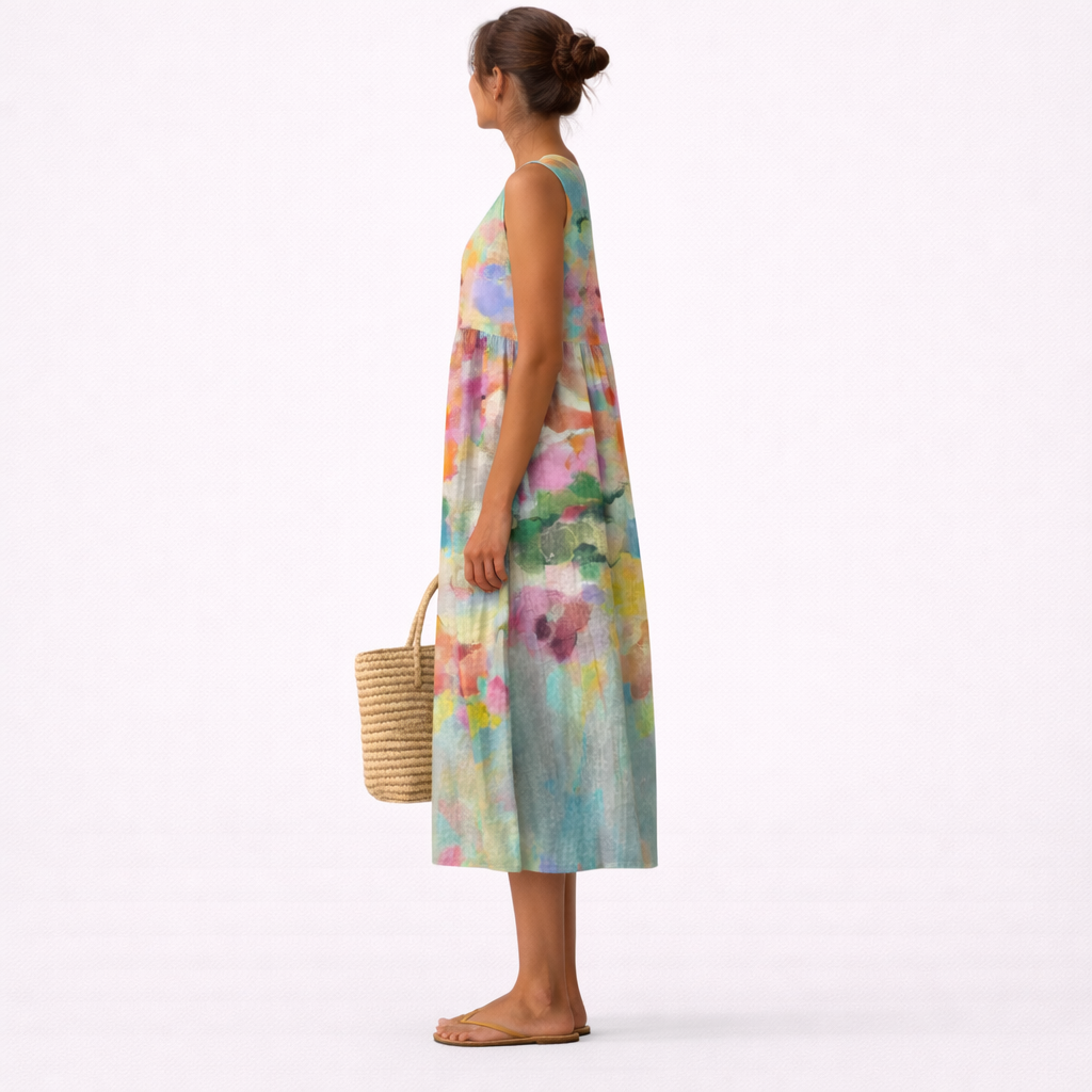 Abito estivo smanicato con stampa acquerello colorata. Vestito midi fluido donna, per un look primaverile chic.
