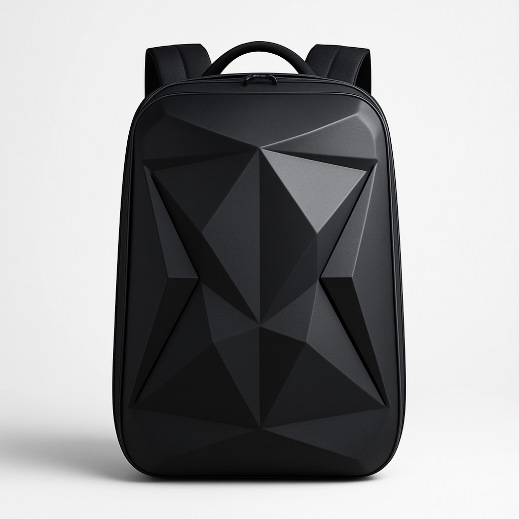 Zaino uomo rigido geometrico multicolore per laptop, ideale per lavoro e viaggi moderni.