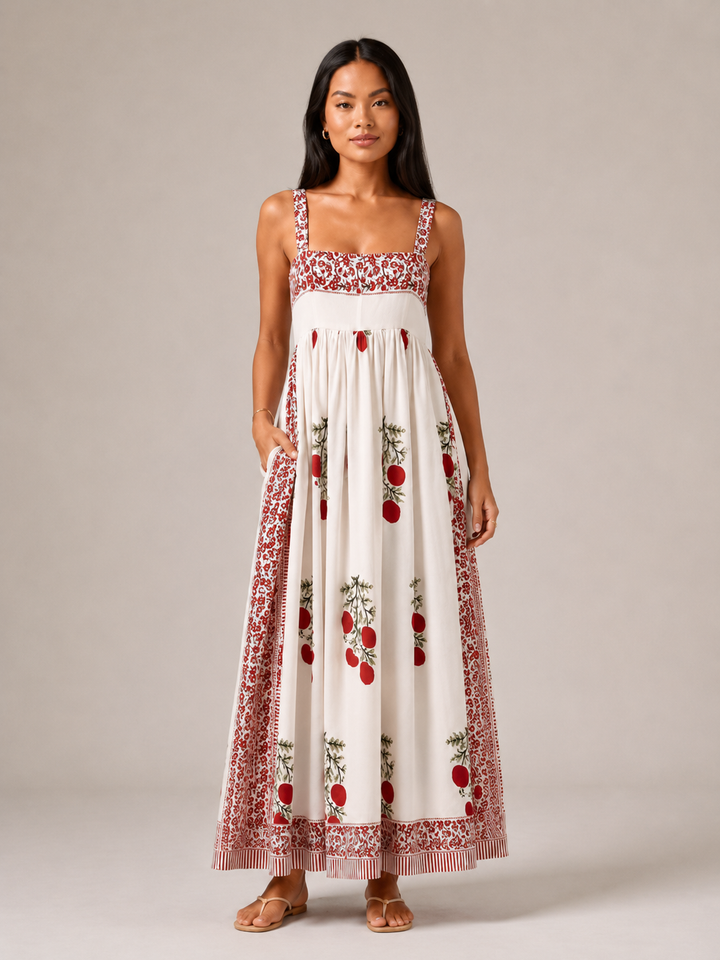 Abito maxi estivo da donna, fluido ed elegante, con spalline larghe per un comfort boho chic.