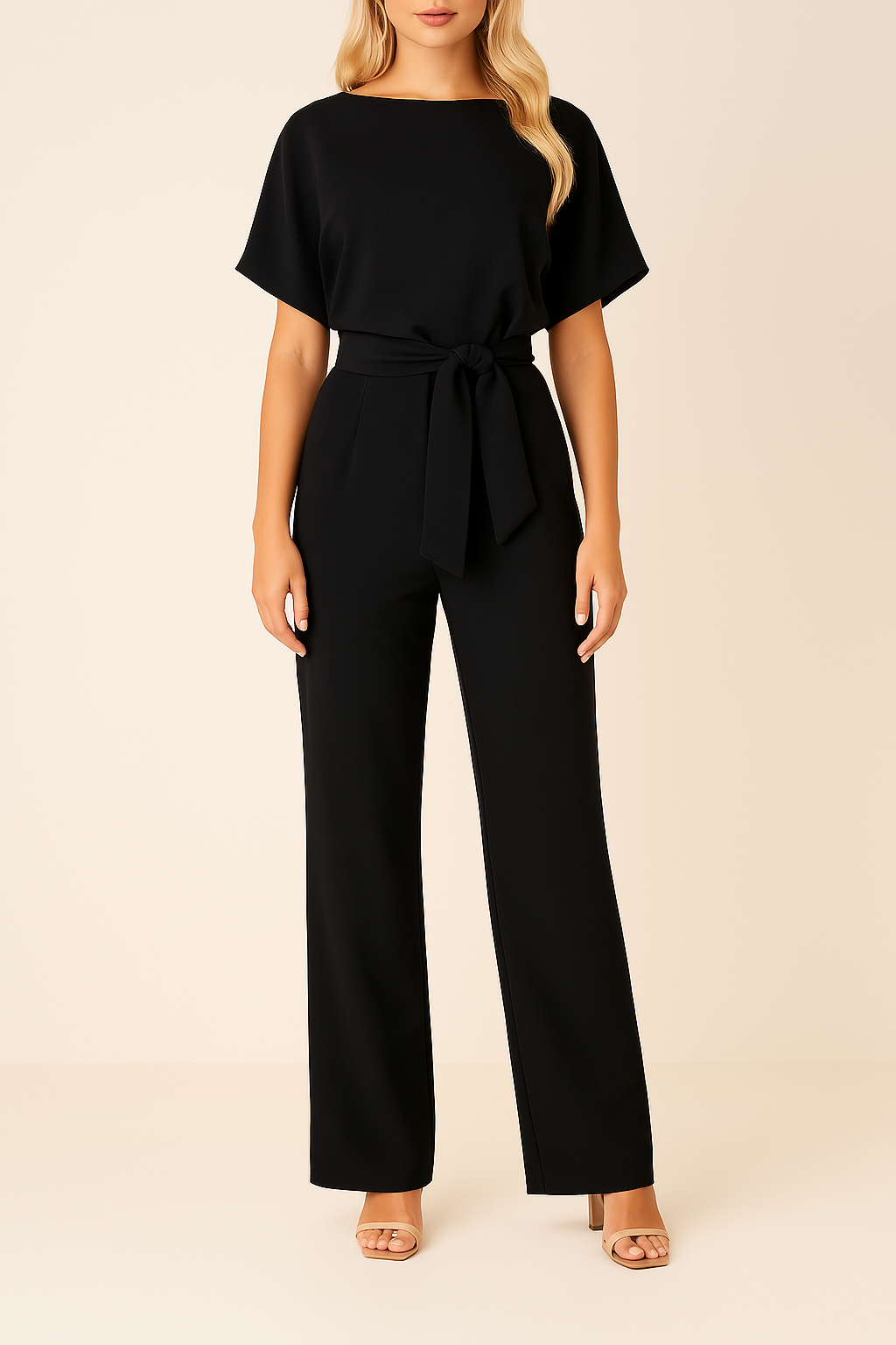 Tuta elegante donna dritta con cintura, scollo tondo e maniche corte. Stile chic e moderno.