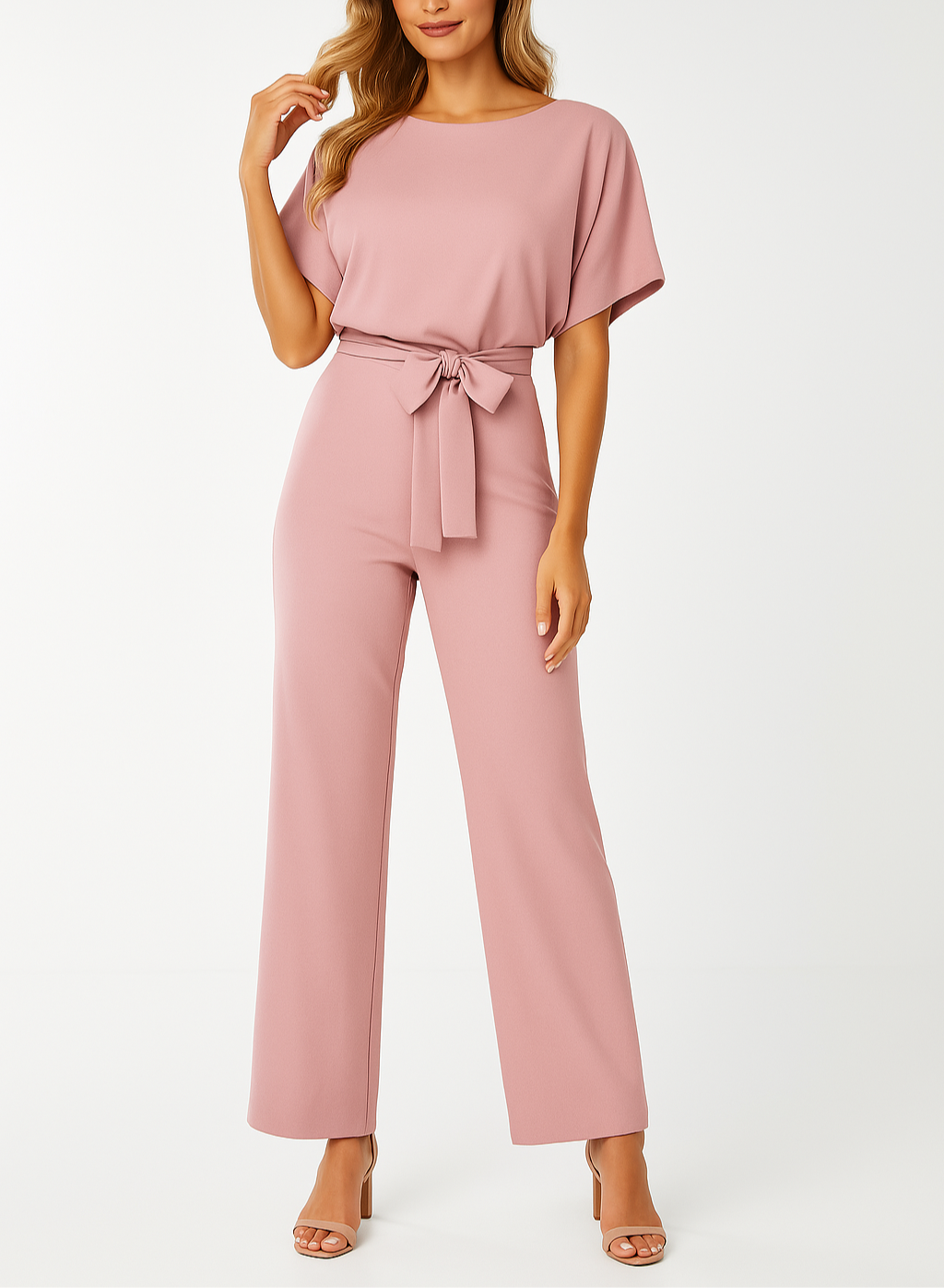 Tuta donna moderna con cintura che valorizza la vita, pantaloni larghi e un design chic.