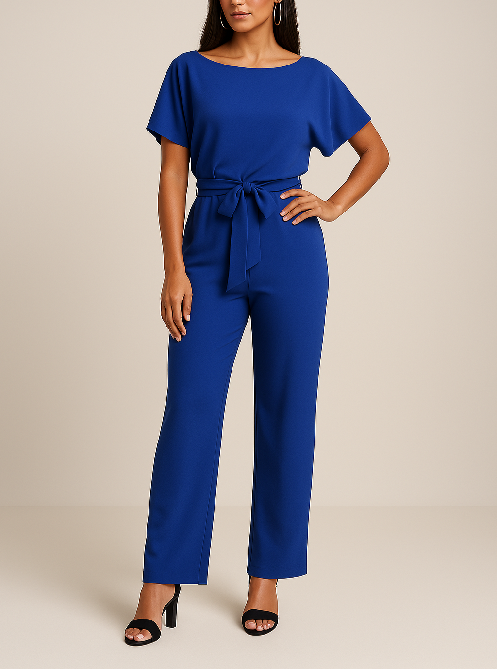 Tuta elegante donna con scollo tondo, maniche corte e cintura per un outfit chic e raffinato.