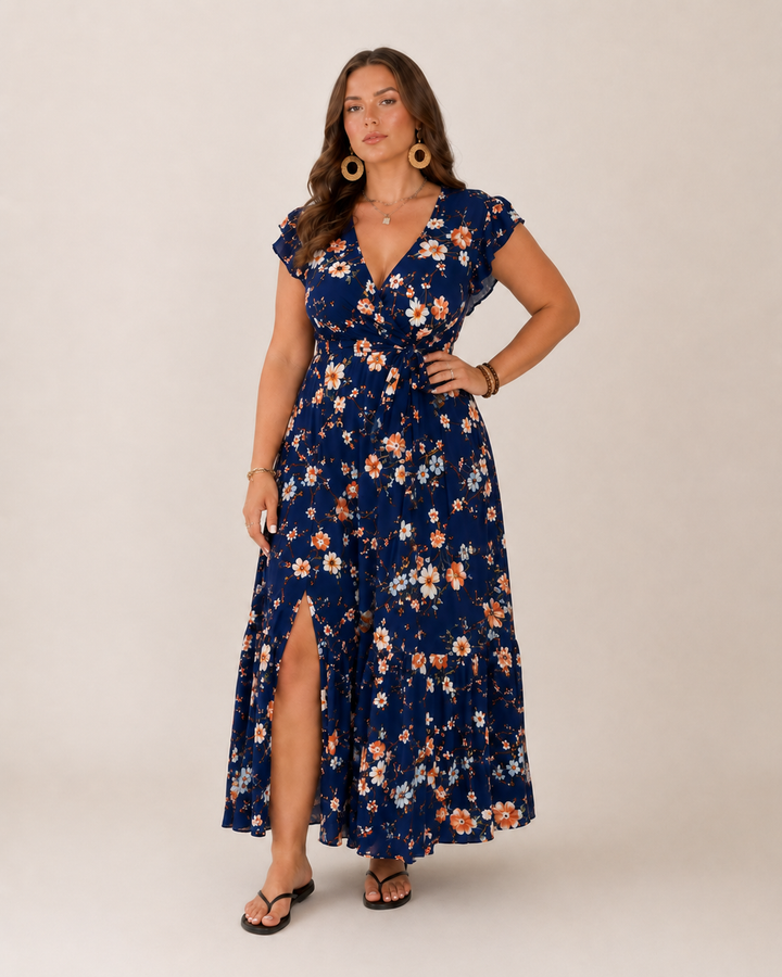Abito maxi floreale da donna a portafoglio. Perfetto per l'estate, elegante e valorizzante.