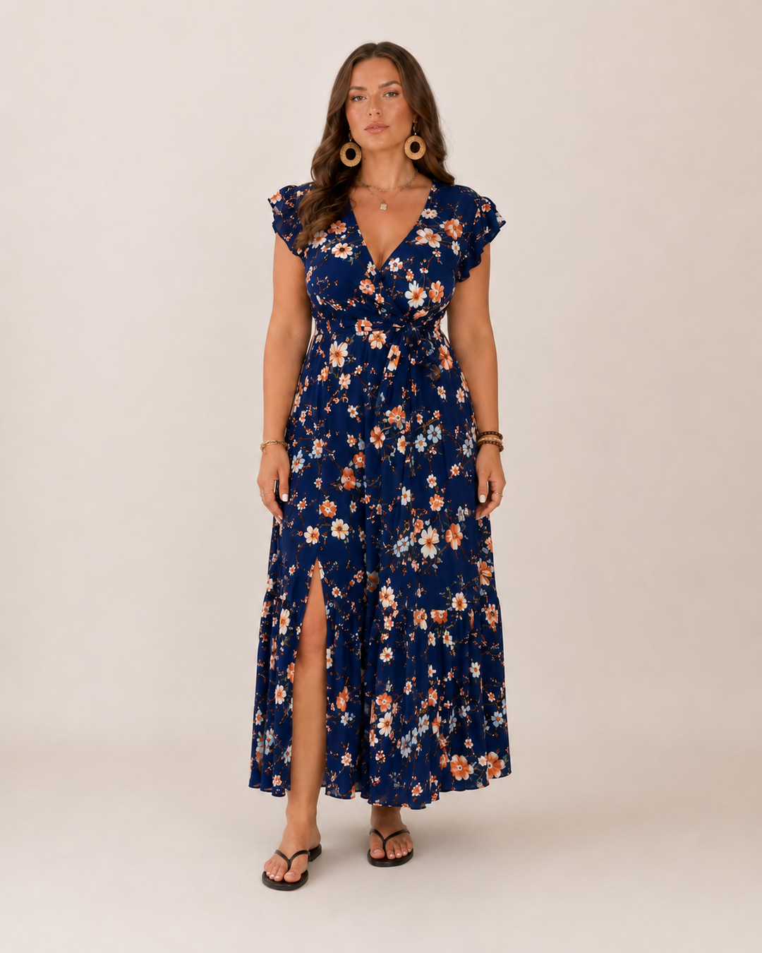 Maxi abito donna a portafoglio con stampa floreale vivace, ideale per vacanze estive.