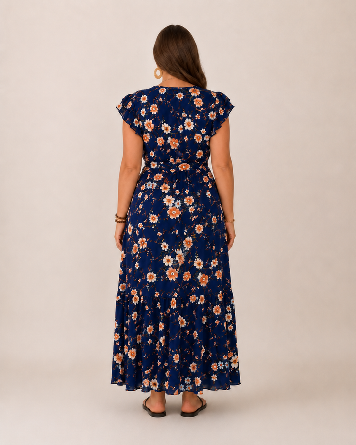 Vestito lungo floreale per donna, stile a portafoglio, per un look casual elegante.