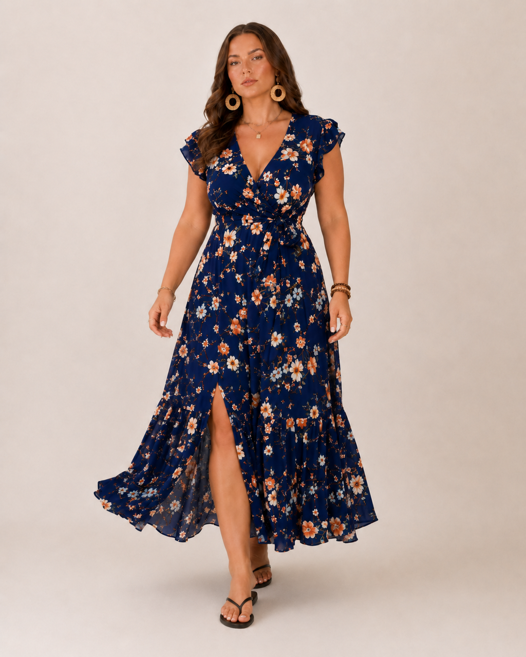 Elegante abito maxi a portafoglio con motivo floreale. Perfetto per cene e occasioni speciali.