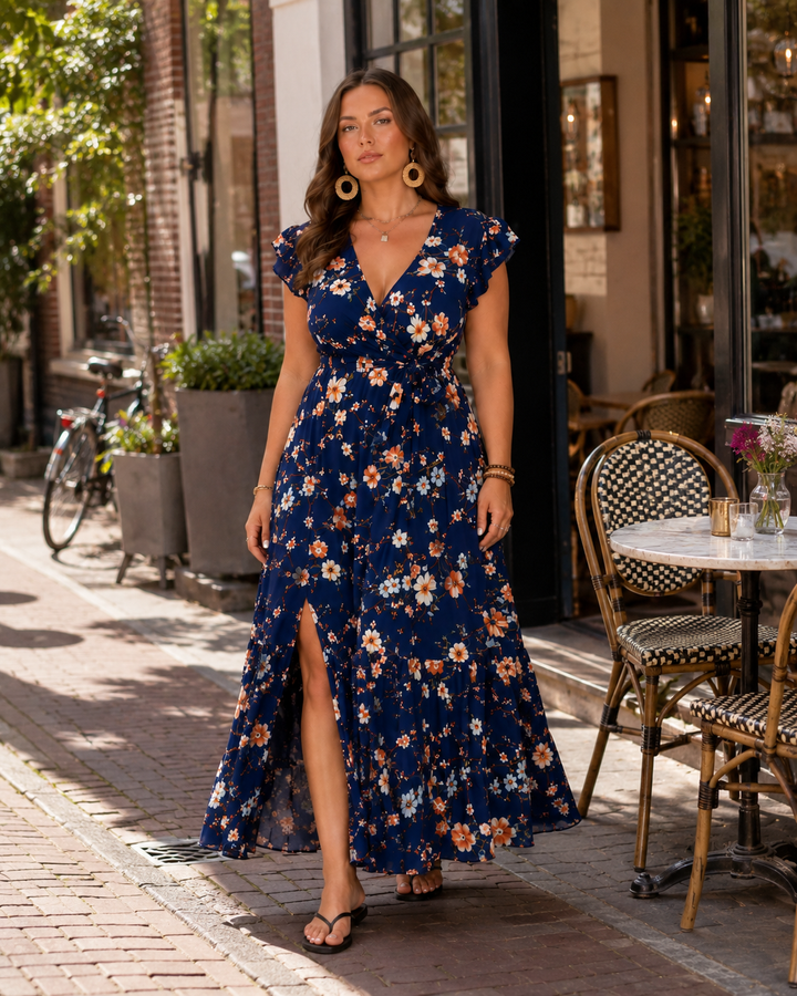 Moda estiva: maxi abito floreale con scollo a V e cintura a portafoglio, femminile e chic.