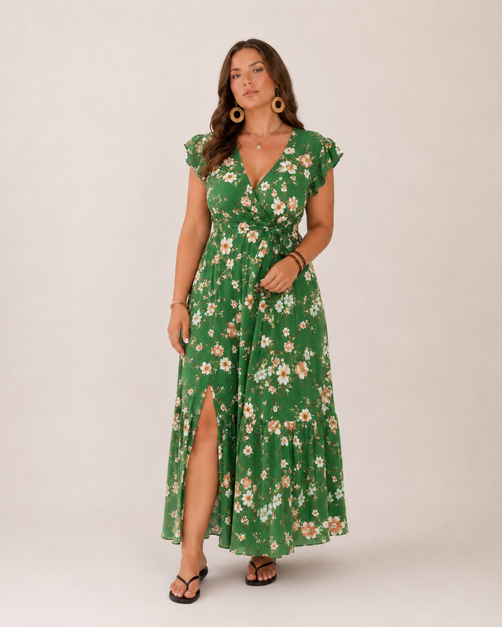 Abito a portafoglio da donna con stampa floreale, lungo e fluido, per un look romantico estivo.