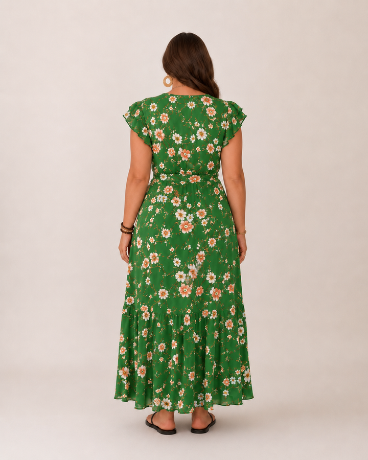 Vestito maxi donna con fantasia floreale, taglio a portafoglio per una vestibilità perfetta.
