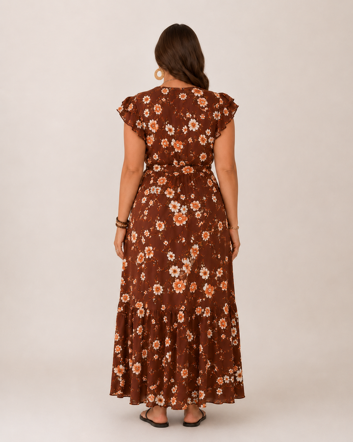 Abito estivo da donna a portafoglio, stampa floreale, lungo e svolazzante. Eleganza garantita.