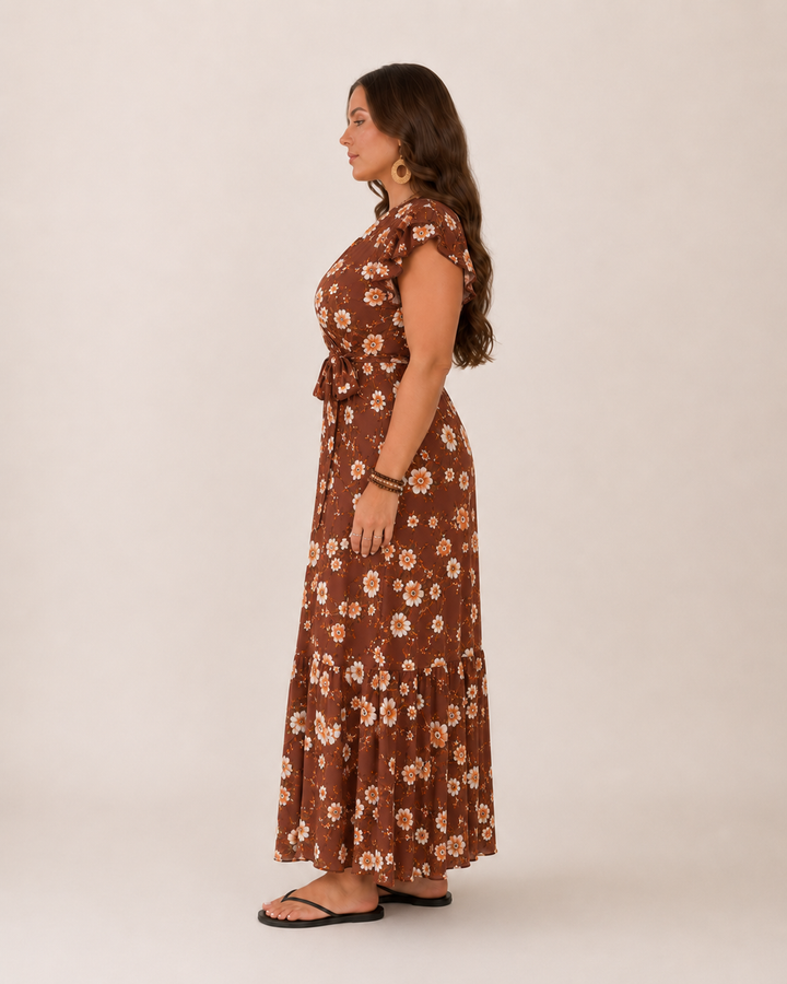 Vestito floreale a portafoglio da donna, maxi lunghezza, per un comfort chic e moda estiva.