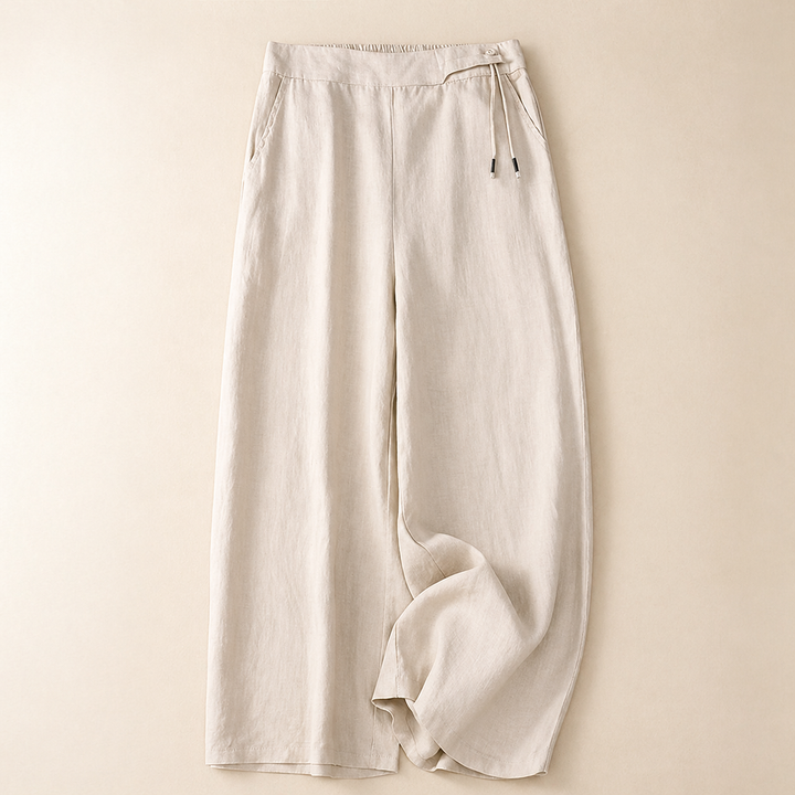 Pantaloni donna versatili a gamba larga con coulisse, ideali per moda relax estiva e outfit quotidiani.