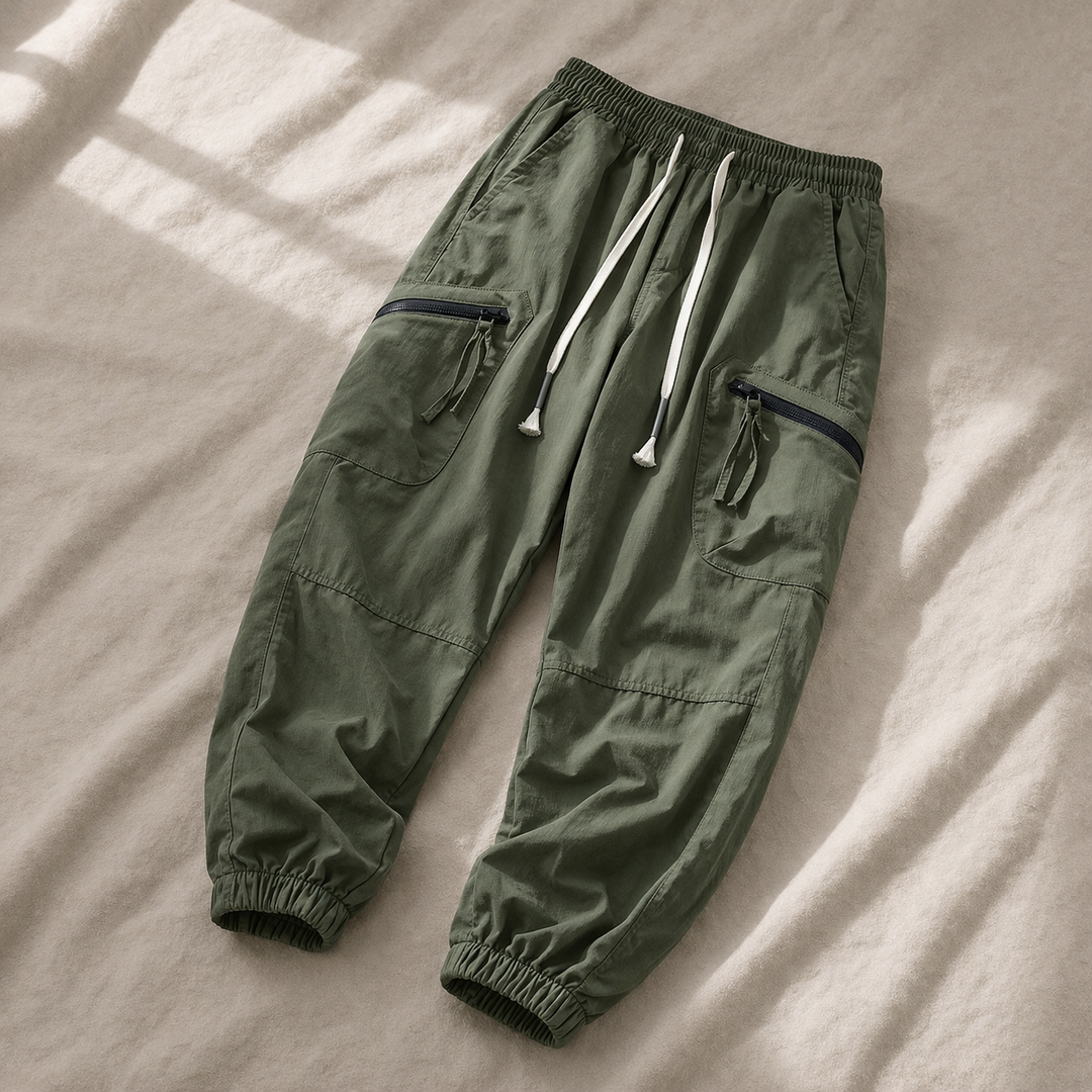 Pantaloni jogger cargo uomo con tasche multiple, ideali per streetwear e look urbani alla moda.