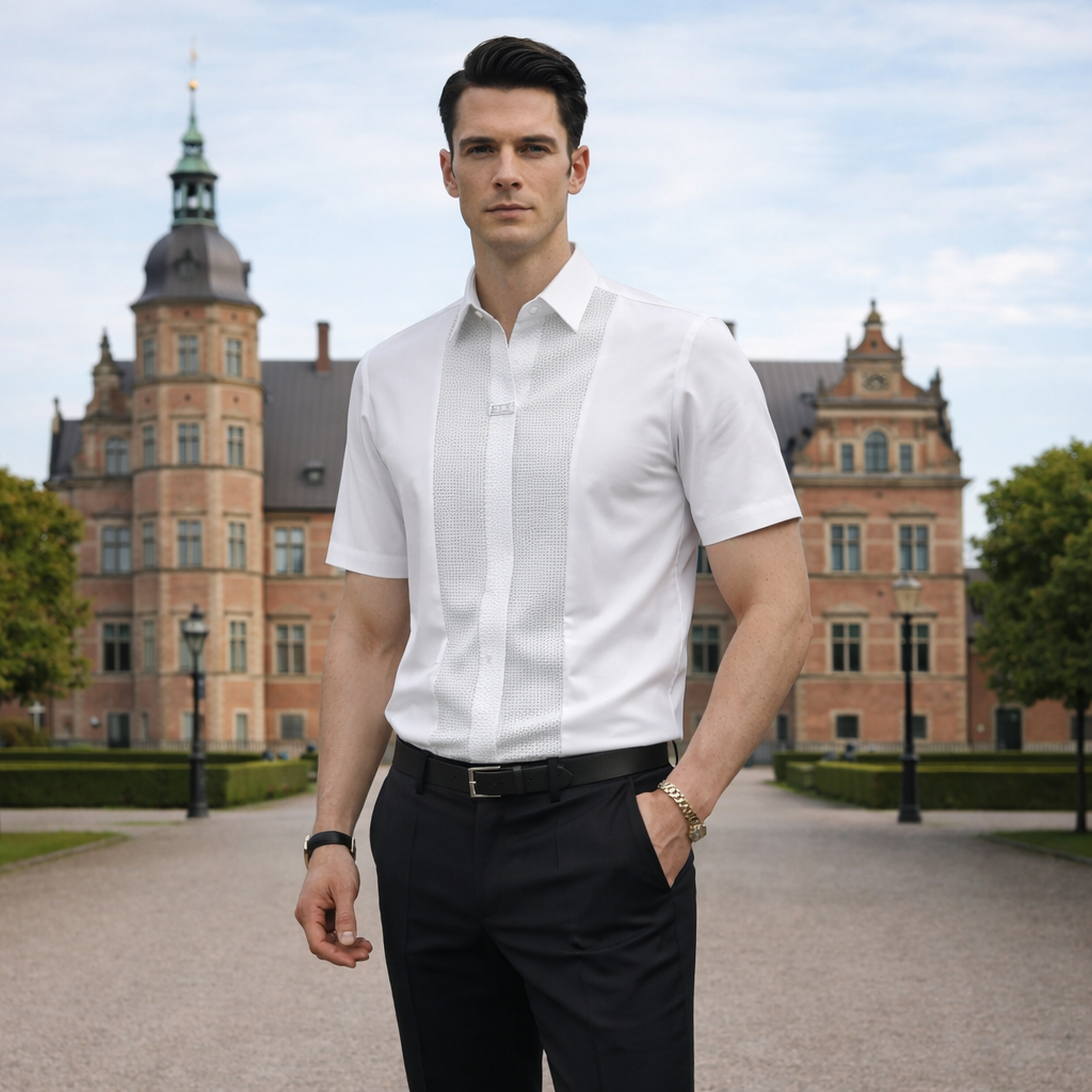 Uomo con camicia casual a maniche arrotolate, bottoni. Perfetta per la moda maschile primavera estate.
