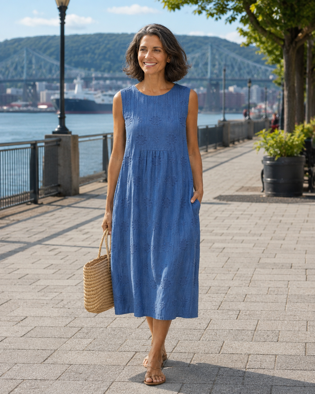 Abito midi donna smanicato ricamato con tasche, perfetto per l'estate. Stile casual-elegante, vestito linea A.