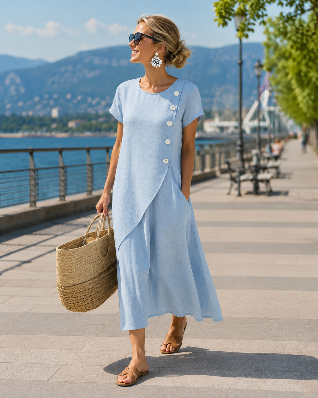 Abito estivo midi da donna in fresco cotone lino, con bottoni decorativi. Ideale per un outfit casual o elegante.