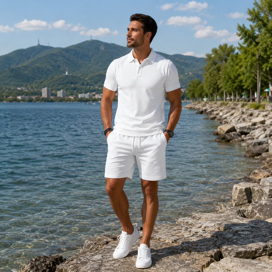 Completo uomo estivo casual: polo a maniche corte e shorts coordinati, ideale per vacanze e tempo libero.