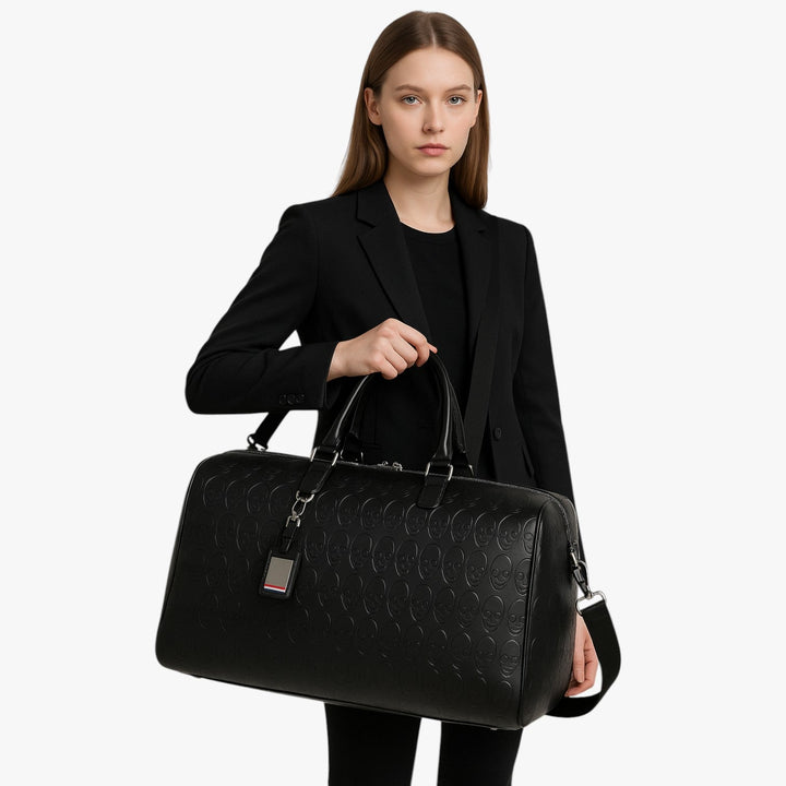 Borsa viaggio donna nera, motivo teschio. Borsone elegante e spazioso, ideale per weekend e viaggi brevi.