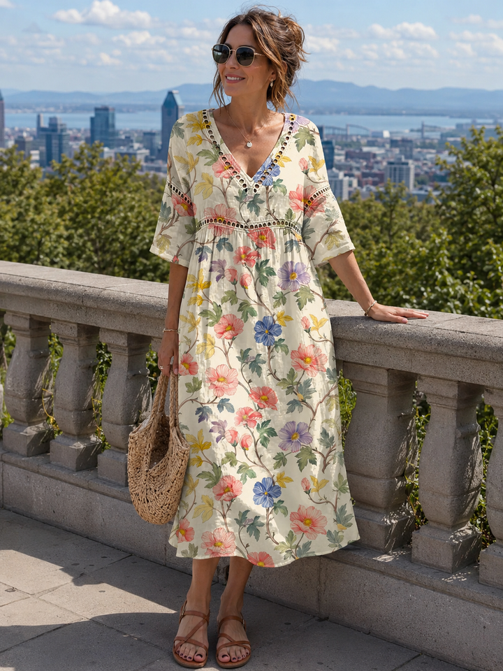 Vestito estivo donna in cotone lino, stampa floreale multicolore, scollo a V. Ideale per vacanze o look casual.