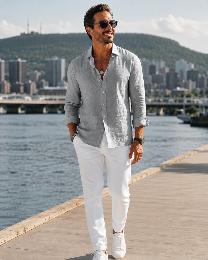 Camicia uomo estiva in cotone poliestere con bottoni, stile casual elegante per vacanze e look quotidiani.