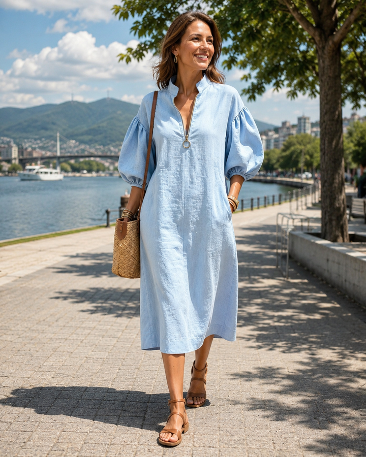 Abito midi donna elegante con maniche a sbuffo voluminose e zip posteriore, moda A-line.
