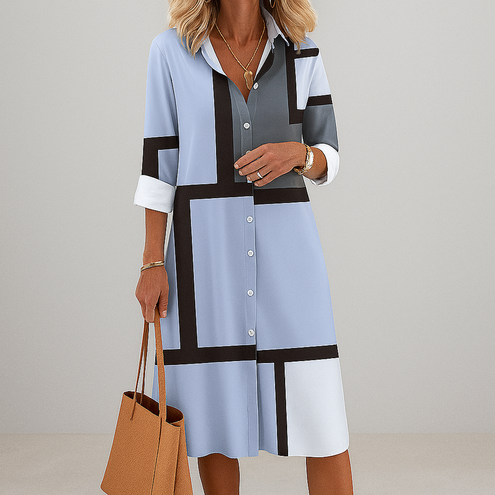 Abito camicia donna versatile con bottoni e stampa geometrica, perfetto per primavera/estate, look casual o elegante.