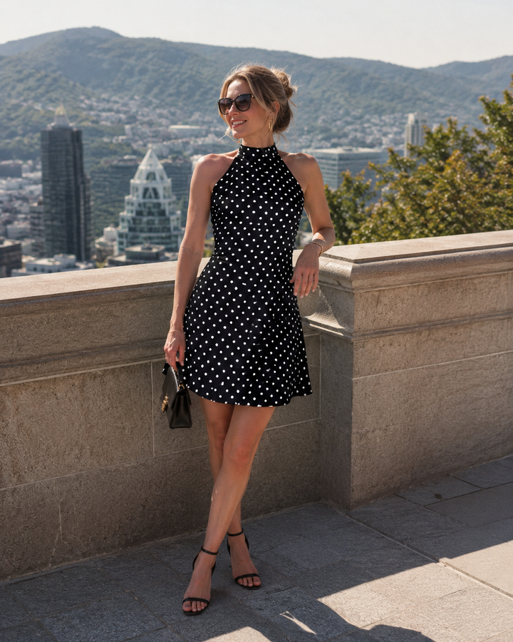Mini abito donna nero a pois con scollo all'americana, stile retrò elegante. Perfetto per feste estive.