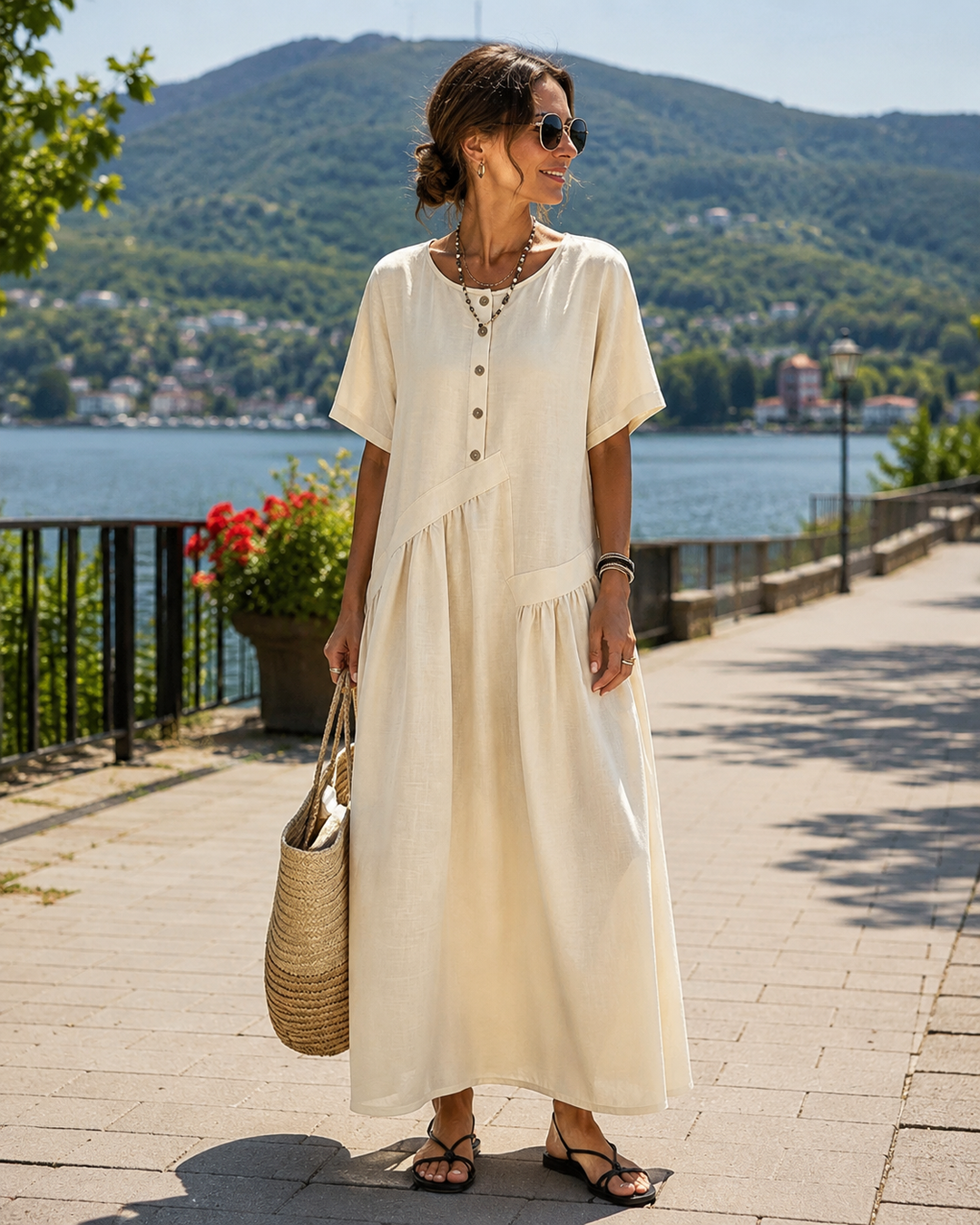 Abito maxi da donna estivo, casual ed elegante, con bottoni, versatile per ogni occasione o vacanza.