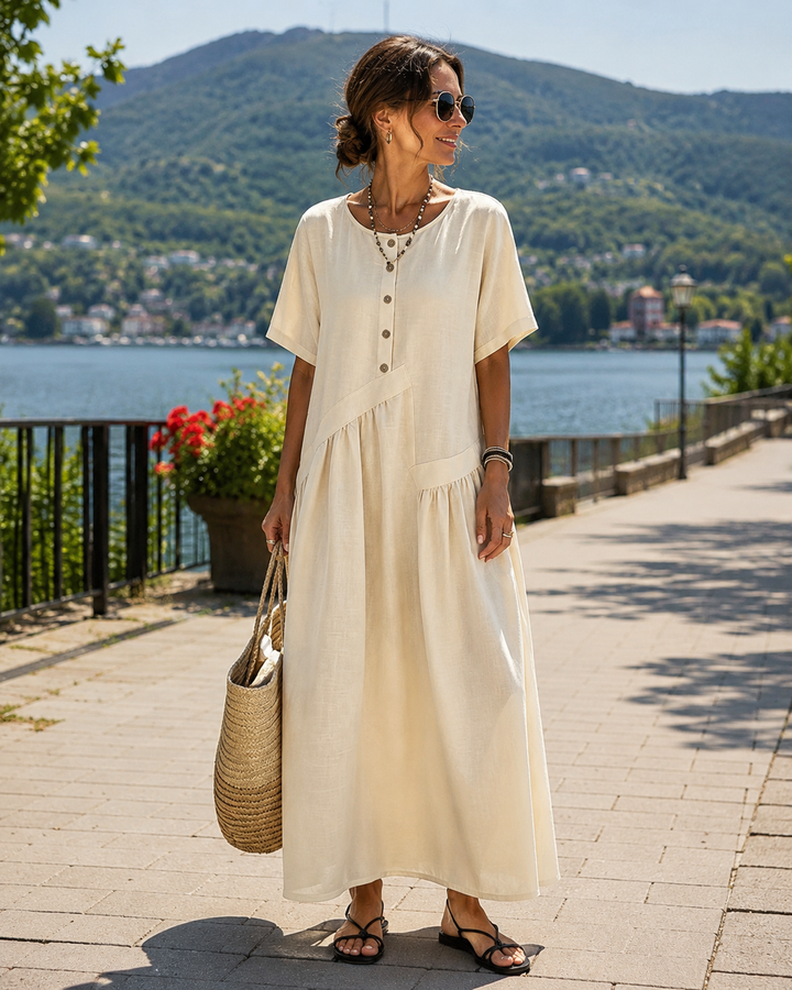 Abito maxi da donna estivo, casual ed elegante, con bottoni, versatile per ogni occasione o vacanza.