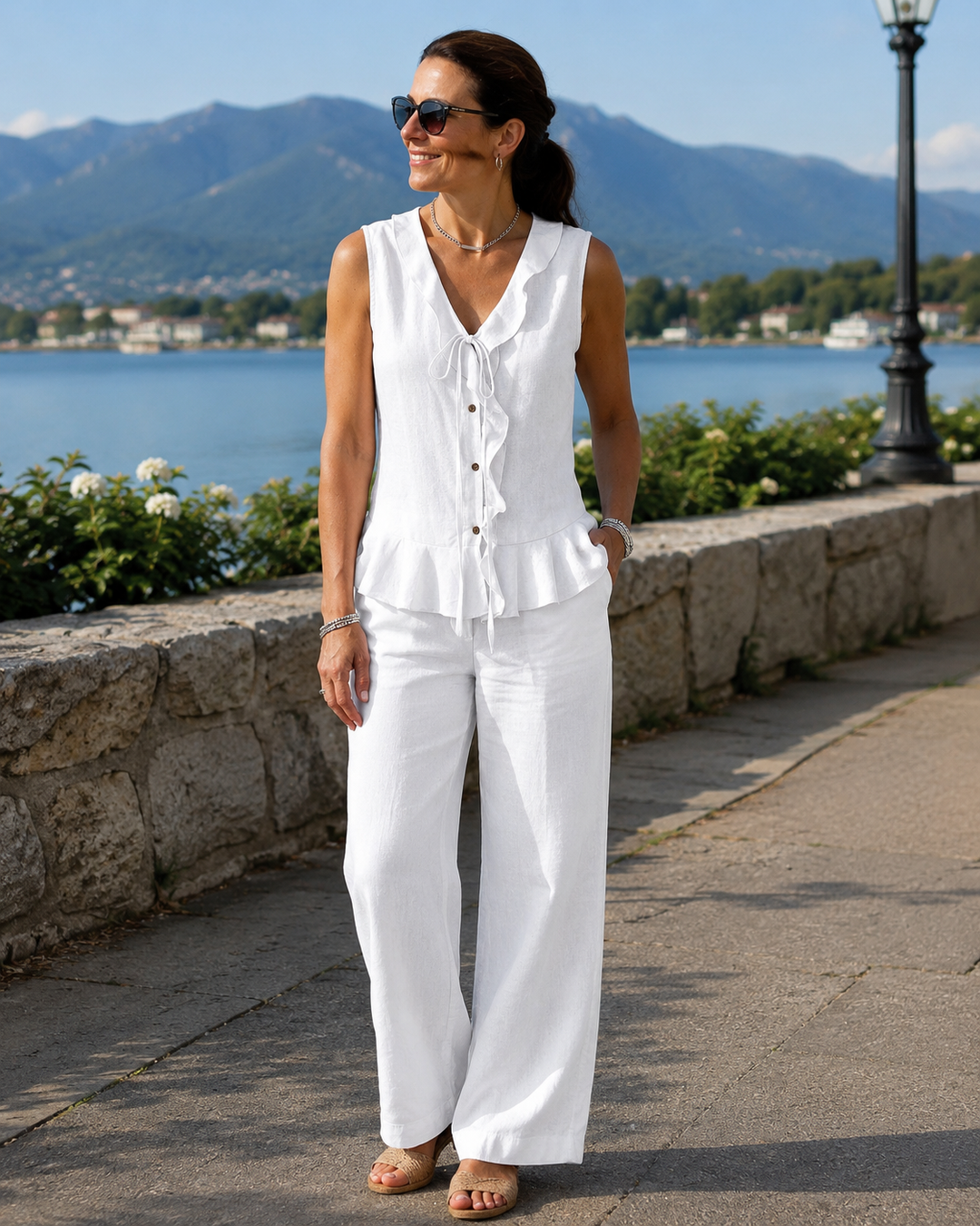 Modella indossa top donna estivo con volant e scollo a V, mostrando lo stile e la freschezza del capo.