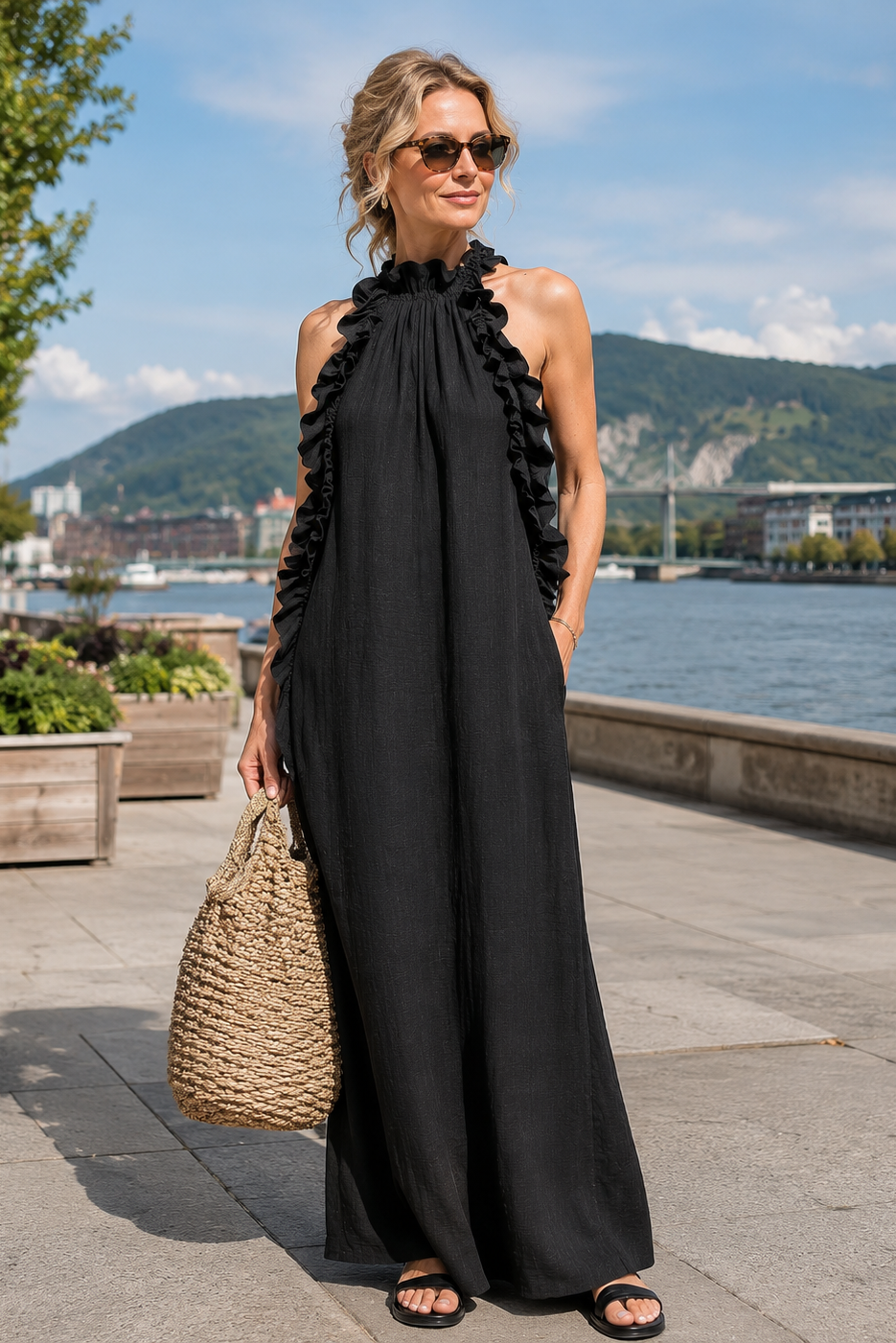 Vestito lungo estivo donna con volant alla moda e tasche utili, modello senza maniche, ideale per il casual chic.