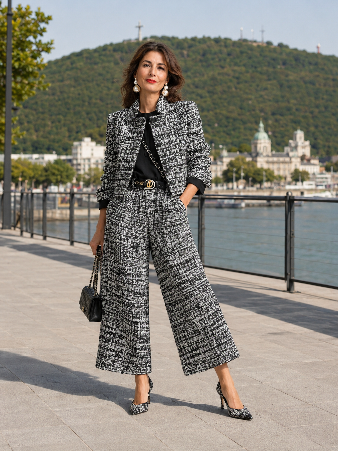 Completo donna elegante in tweed: giacca corta e pantaloni larghi per un look chic e professionale. Ideale per l'ufficio.