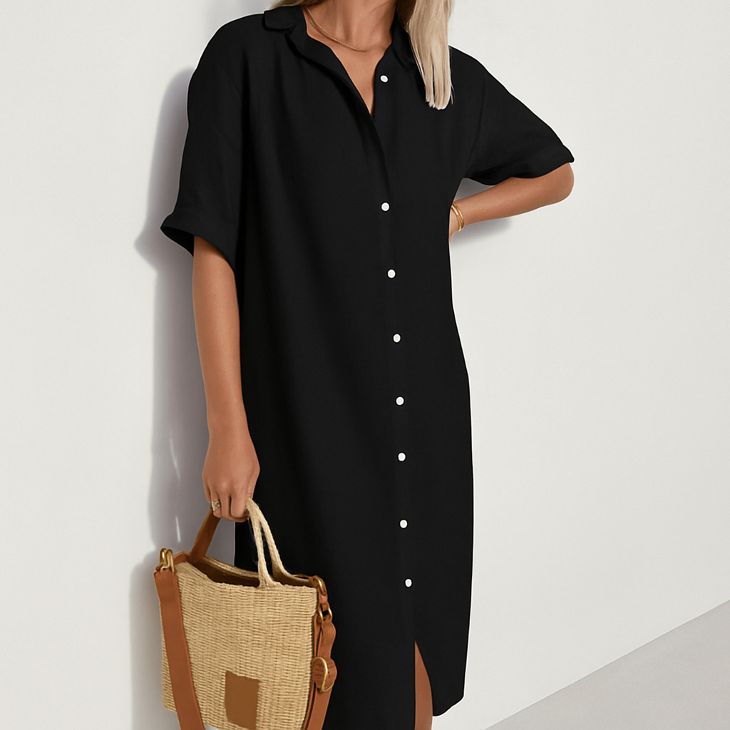 Elegante e casual abito camicia donna con bottoni frontali e colletto, perfetto per varie occasioni estive.