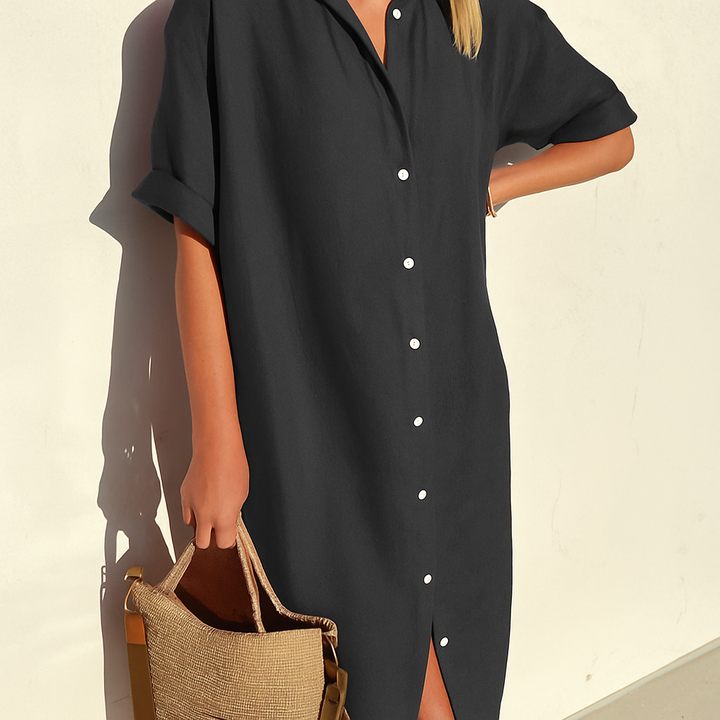Vestito camicia da donna comodo e versatile con colletto e bottoni; ideale per outfit casual o chic da giorno.