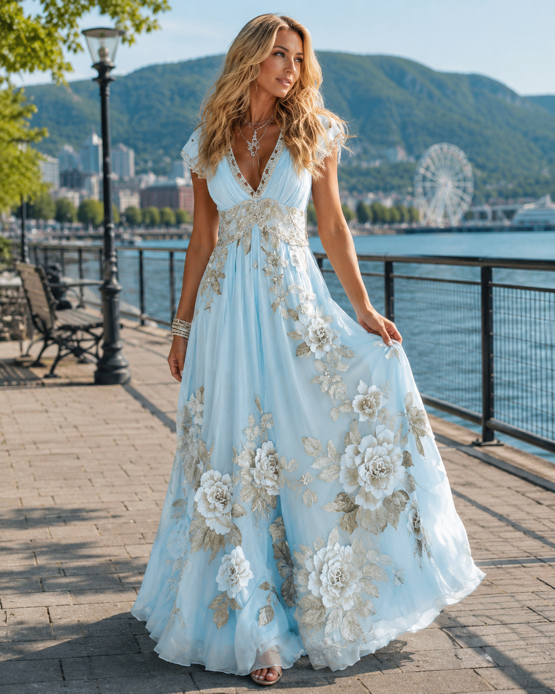 Vestito lungo in chiffon donna, con sofisticato pizzo ricamato floreale, ideale per serate di gala e feste.