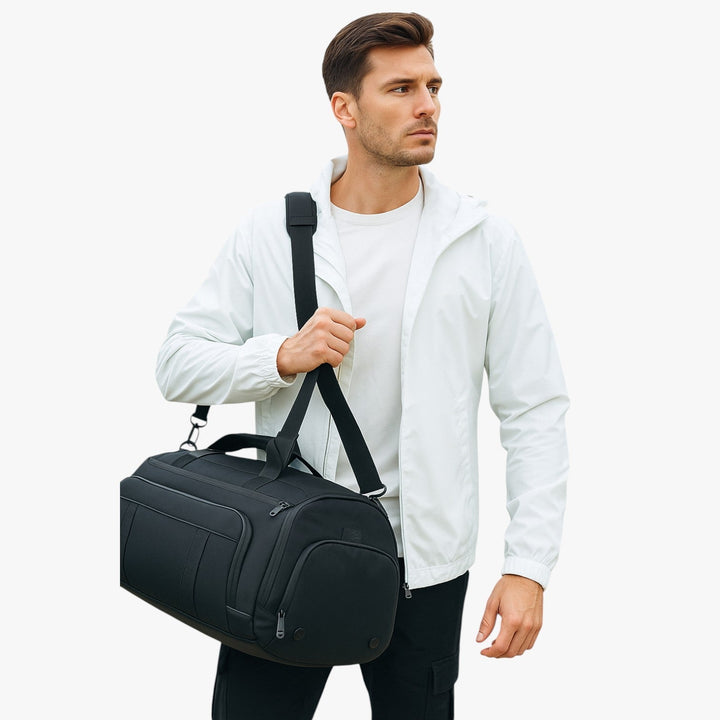 Borsa borsone da viaggio e palestra unisex in tessuto, con tracolla rimovibile e design pratico.