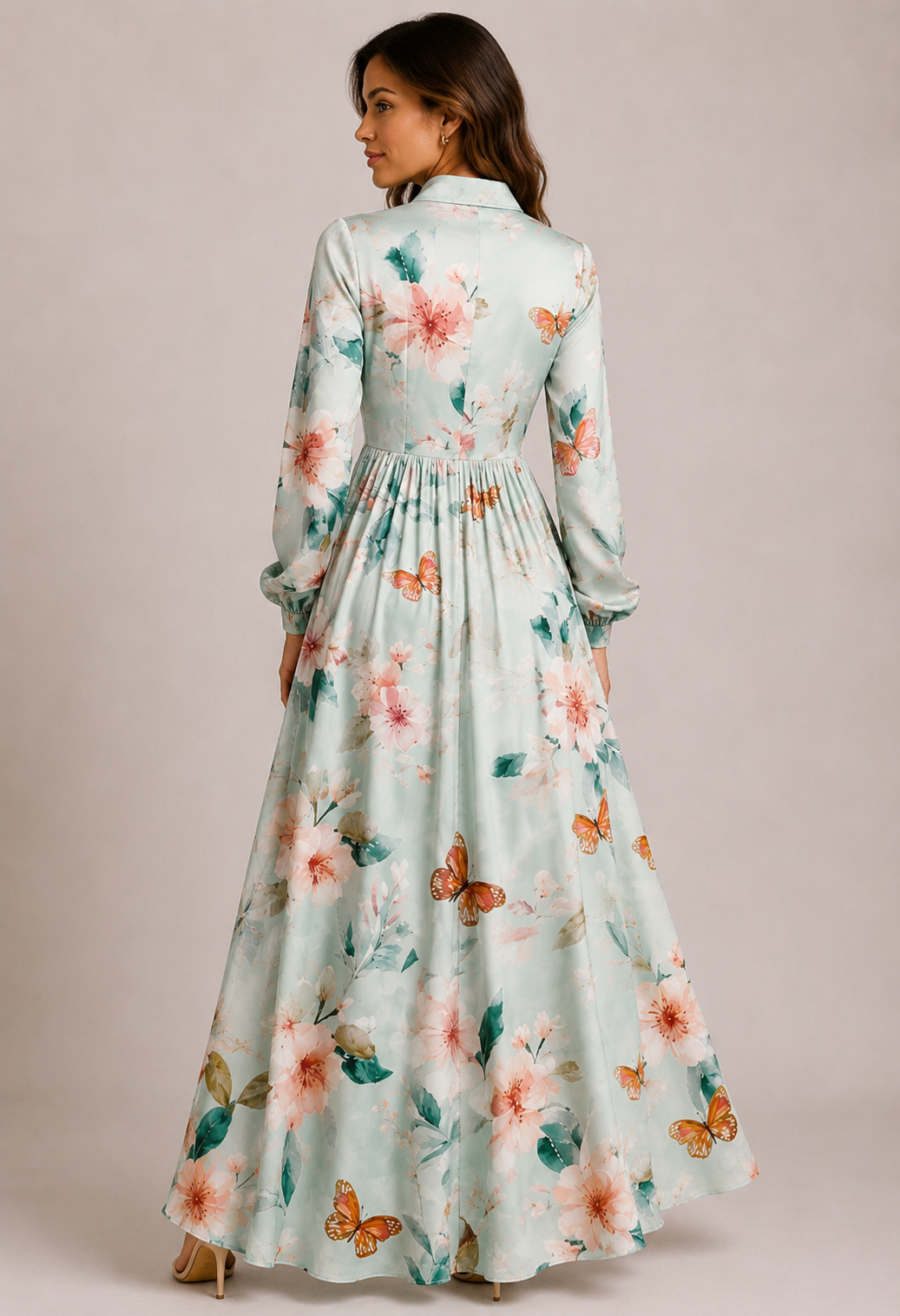 Vestito donna floreale lungo verde, ideale per cerimonie autunnali. Abito elegante maxi per occasioni speciali e feste.