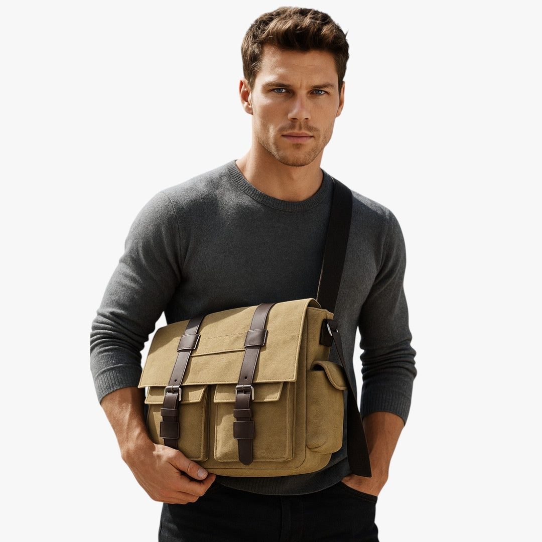 Borsa uomo multicolore in tela resistente, ideale per il viaggio e l'uso quotidiano con tracolla.