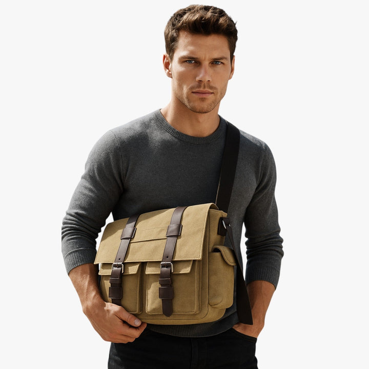 Borsa uomo multicolore in tela resistente, ideale per il viaggio e l'uso quotidiano con tracolla.