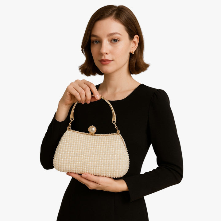 Borsa da sera donna in tessuto, ornata con perline multicolore, un accessorio raffinato per ogni serata.