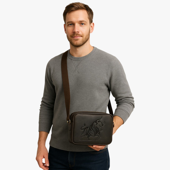 Elegante borsa a tracolla da uomo marrone in sintetico, con motivo leone e tracolla regolabile.