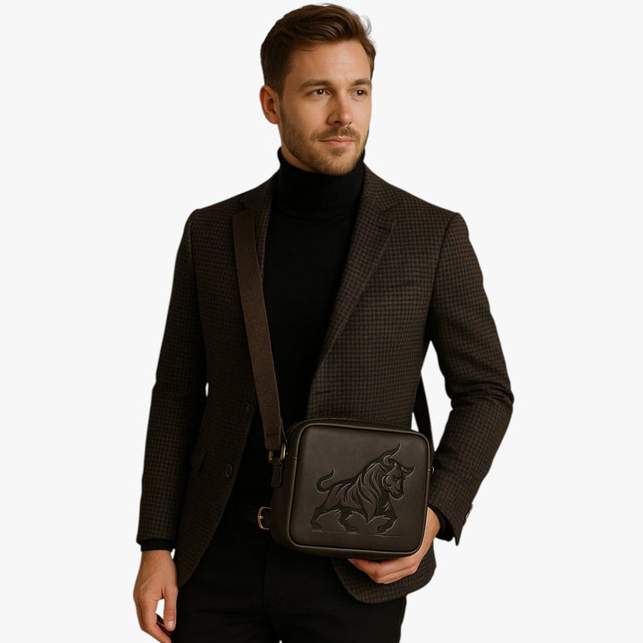 Borsa a tracolla uomo marrone, motivo leone distintivo. Perfetta per viaggio e stile quotidiano maschile.