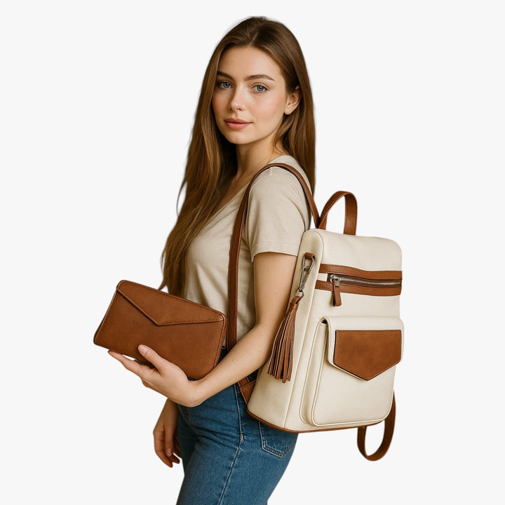 Zaino donna indossato, stile casual-elegante, multicolore, mostra comfort e praticità.