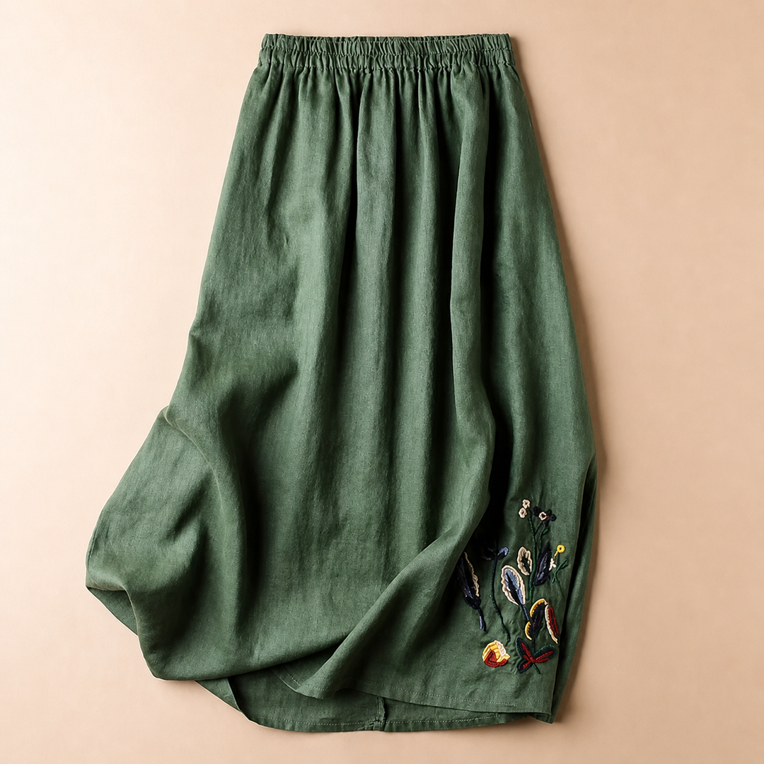 Gonna midi donna estiva con ricami, vita elastica. Ideale per look eleganti o casual. Moda donna versatile.