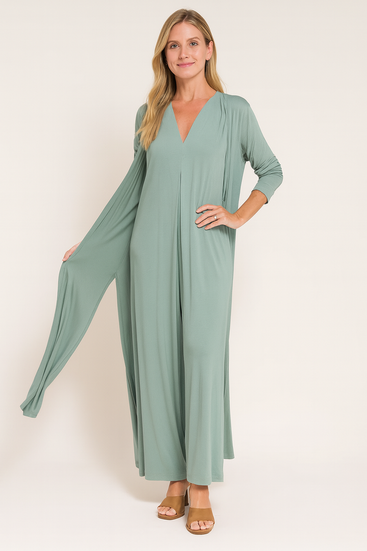 Completo estivo donna 2 pezzi: abito fluido e kimono elegante. Perfetto per un look casual chic.