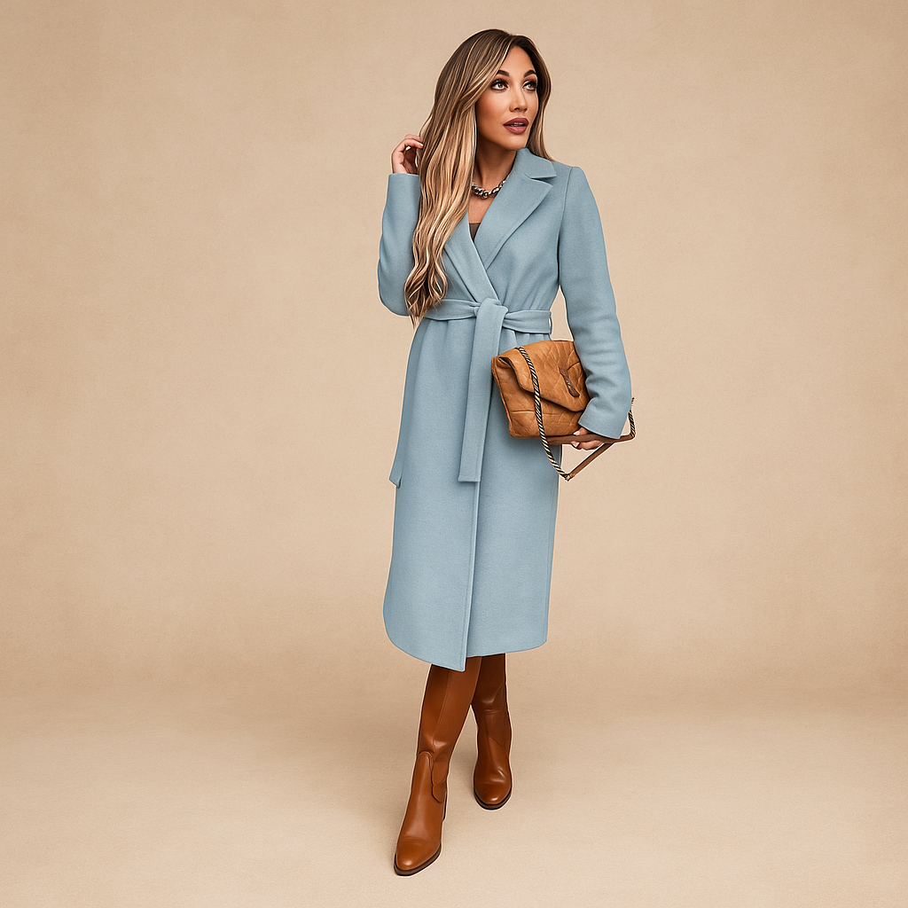 Cappotto elegante invernale donna, lungo, con revers e cintura, perfetto per un look sofisticato da sera.