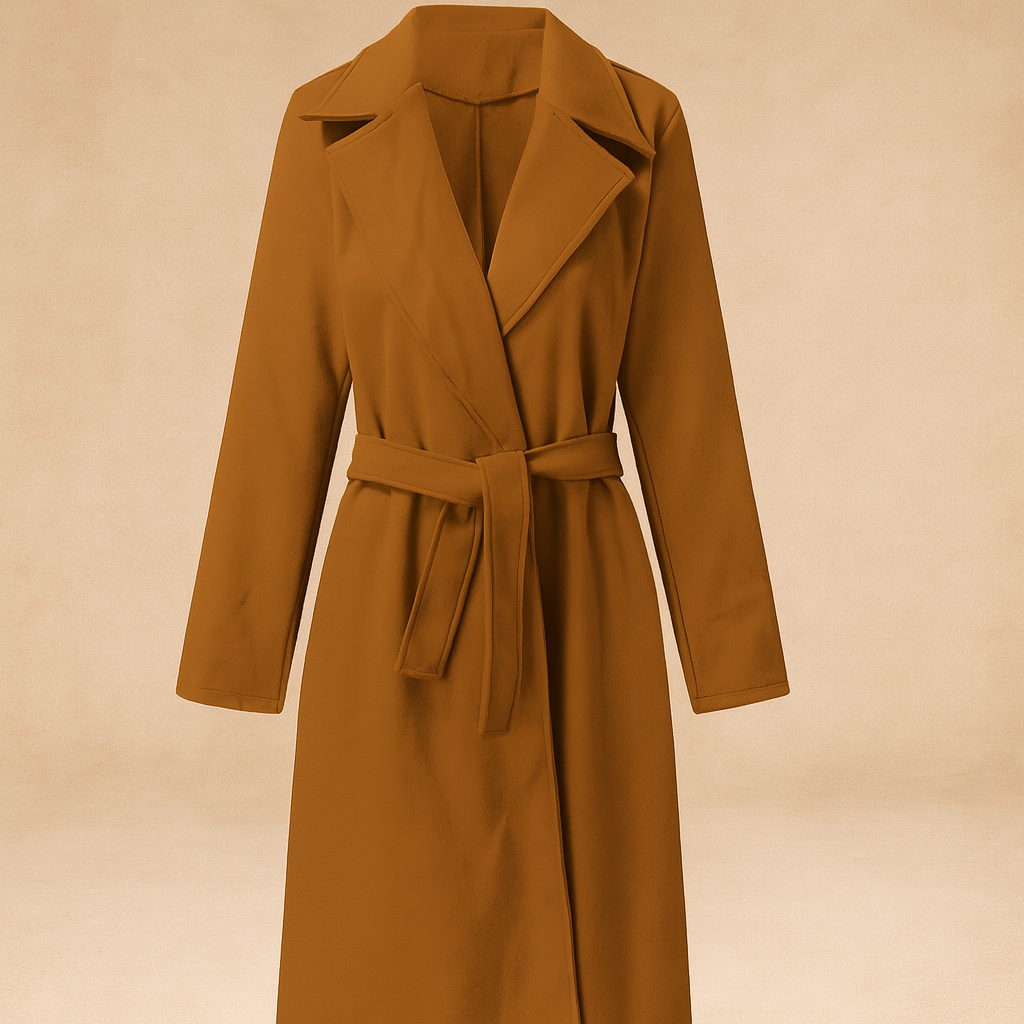 Moda donna: cappotto invernale lungo ed elegante, con cintura e revers, un must-have per affrontare l'inverno.