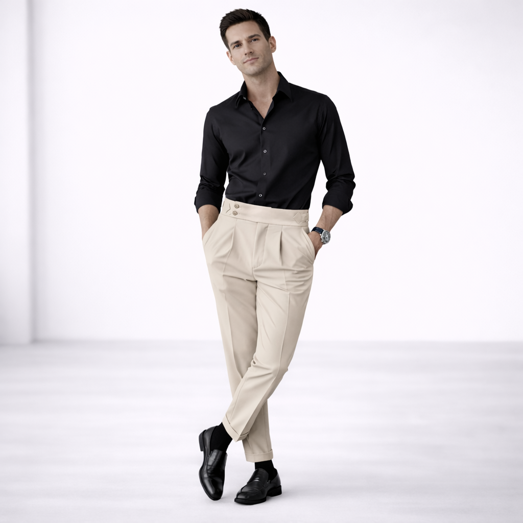 Pantaloni a gamba dritta da uomo, vita alta. Stile classico per business e comfort regolare.