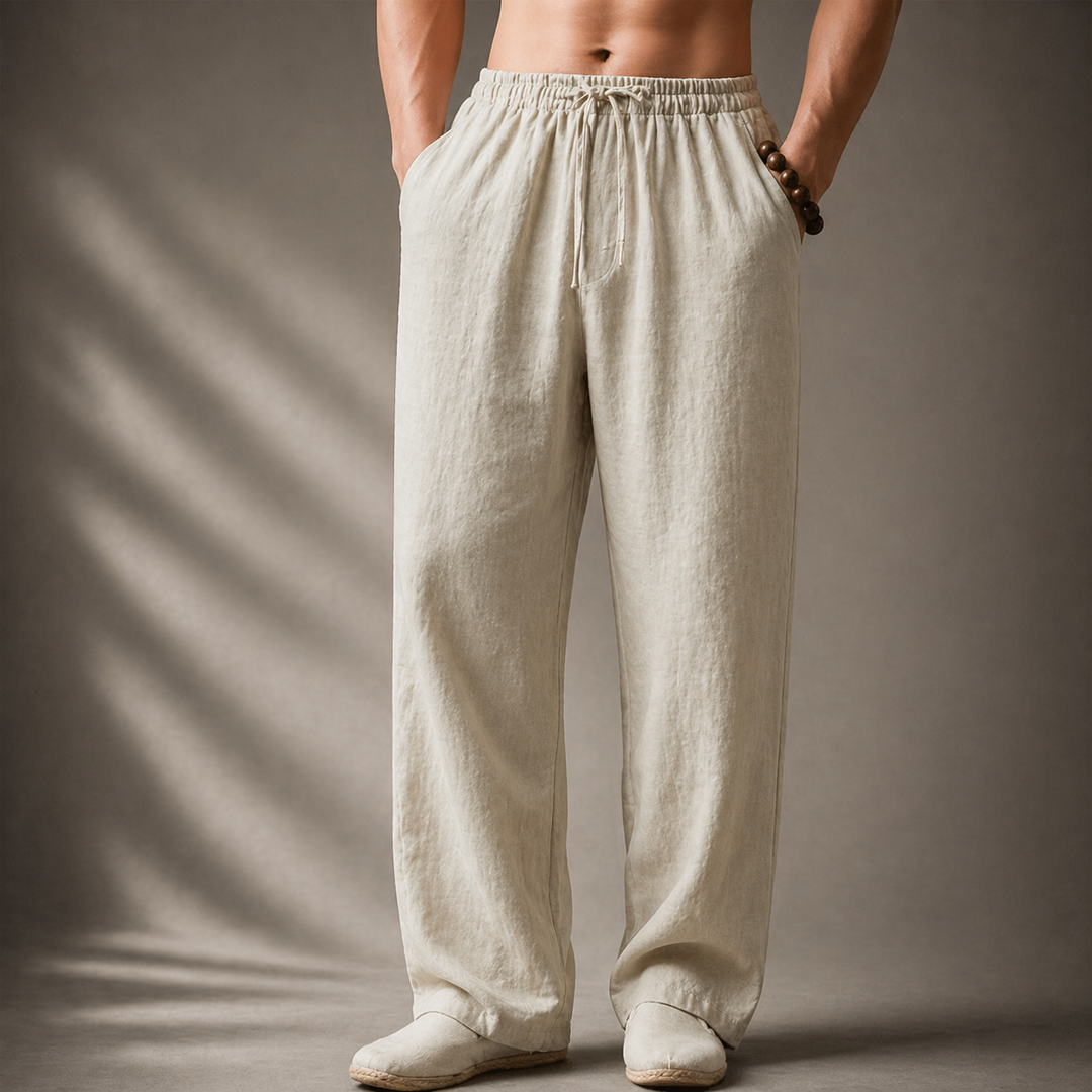 Vista frontale dei pantaloni uomo casual dritti con coulisse, ideali per outfit comodi e stilosi.